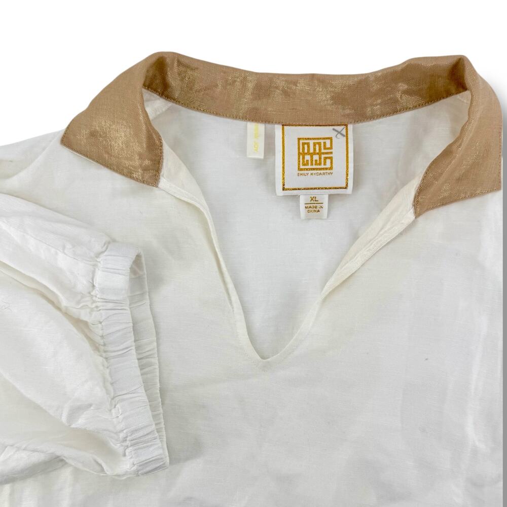 Emily McCarthy Linen Top XL White Gold Metallic Trim Boho Resort Blouse